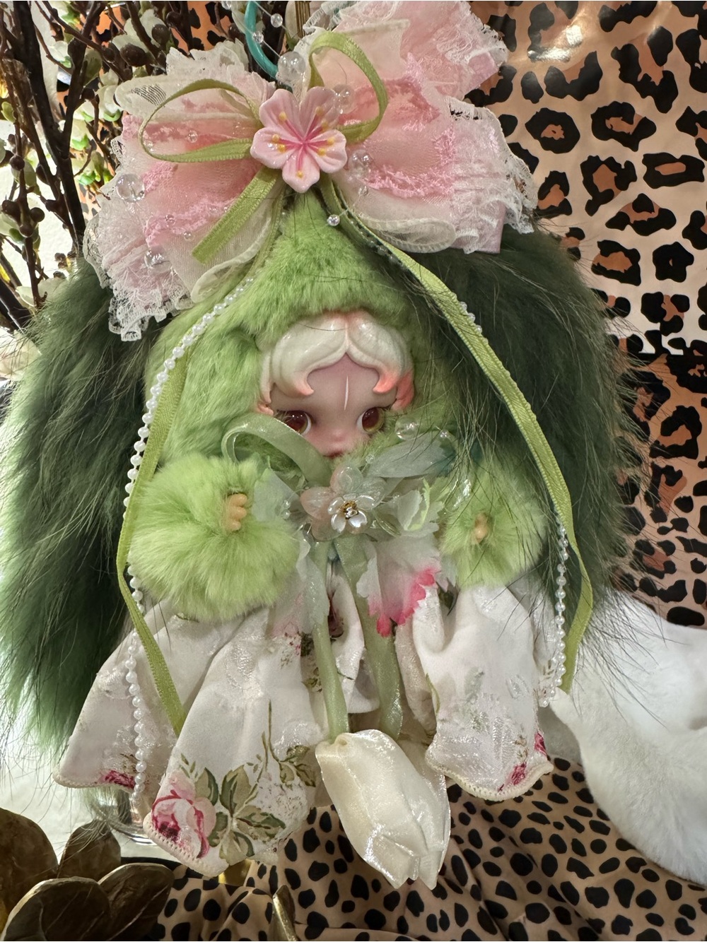Custom Skullpanda Fur Bag Accessory with Pink Ribbon